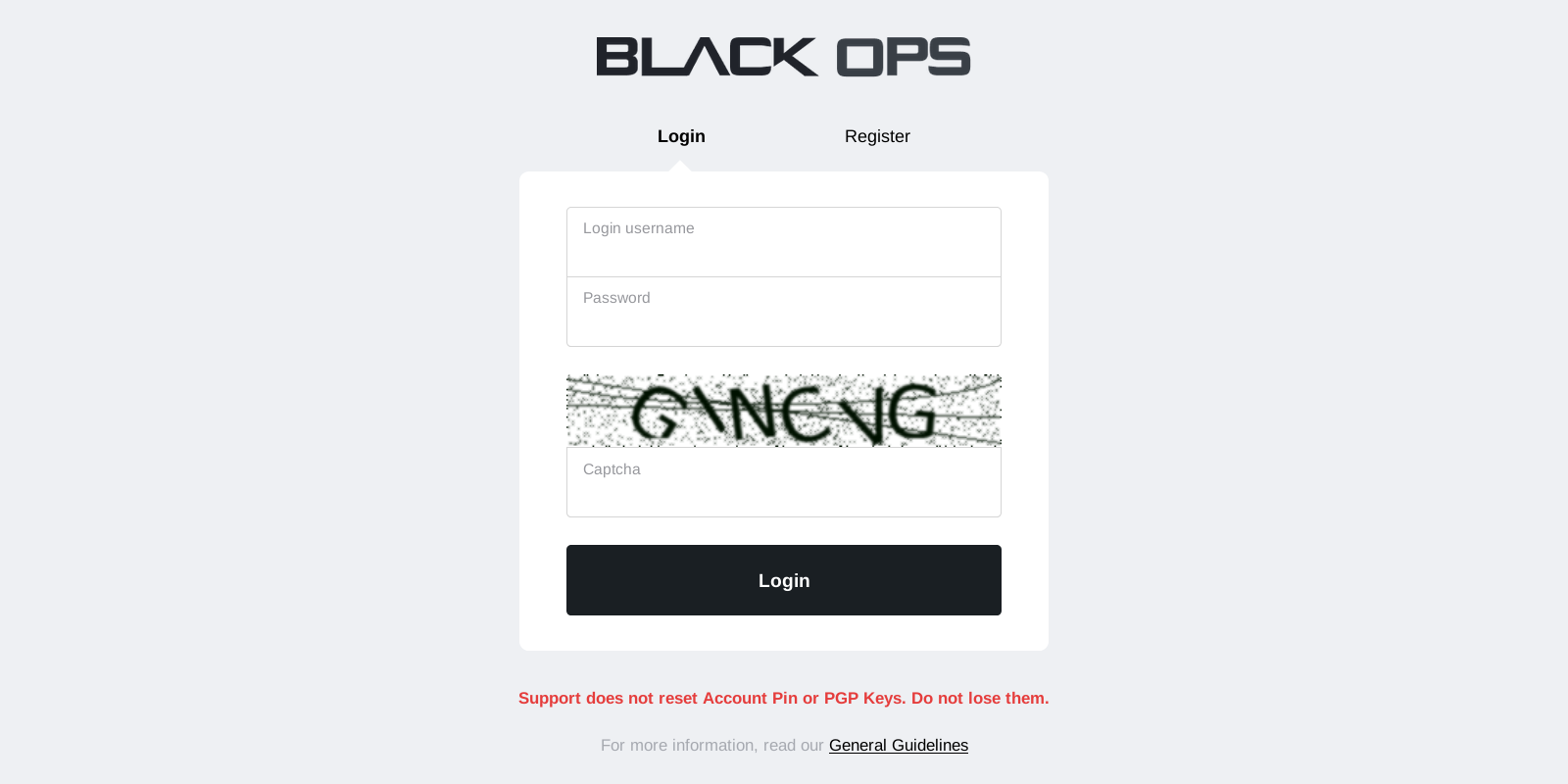 Black Ops Market Login Interface